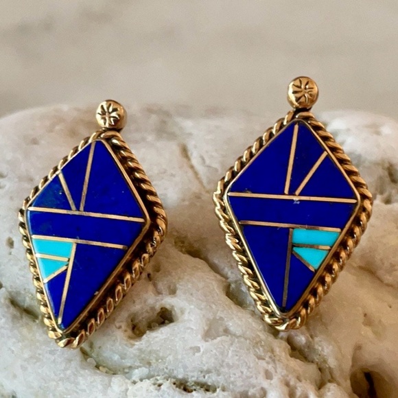 Vintage 14K Gold Lapis Turquoise Native American Earrings - Picture 1 of 16